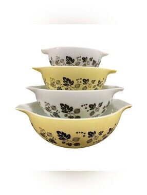 Vintage Pyrex Cinderella Mixing Bowls: Black Gooseberry on Yellow, Set of 4